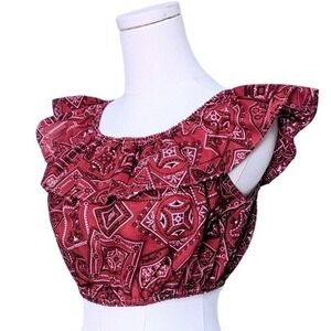 Vintage 70s Daisy Red Bandana Paisley Print crop Top Off Shoulder Ruffle Smocked